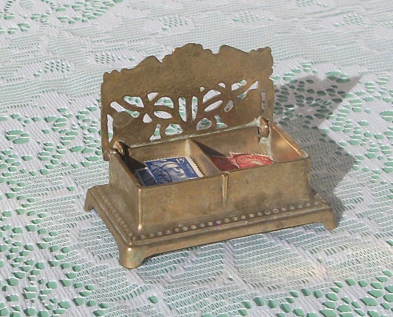 Vintage Brass Stamp Holder. Gold Ornate Desk Stamp Box. Etsy