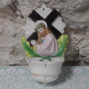 Vintage Benitier.  French Crucifix and Holy Water Font.  Antique Crucifixion.  Jesus with the Cross.
