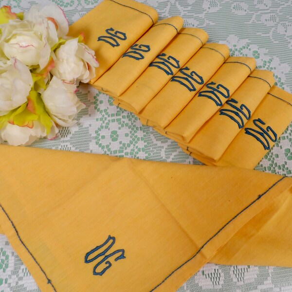8 French Vintage Yellow Napkins with Embroidery Monogram DG.  Blue Initials DG Napkins. Free Delivery