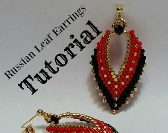 Russian Leaf Earrings, TUTORIAL, done in Brick Stitch