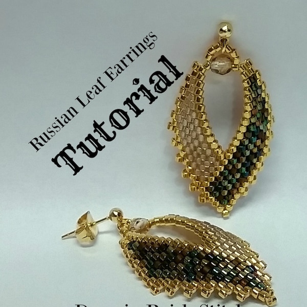 Russian Leaf Earrings, TUTORIAL, done in brick stitch