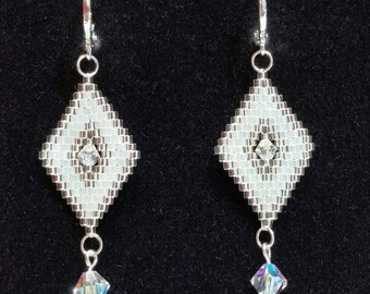Rhombus Earrings in Pearl White and Silver, with Sterling Silver Leverback earwires
