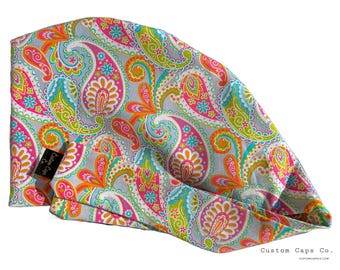 Paisley Pop Pixie Scrub Cap, sombrero de exfoliación quirúrgico geométrico para mujer / Custom Caps Co.