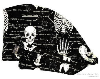 Bones of the Body Orthopaedic Surgical Scrub Hat, Glow in the Dark Women's Skeleton Pixie Scrub Hat, Tie Back Cap, Custom Caps Company