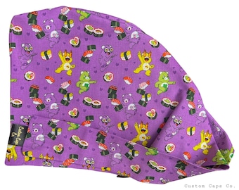 Gorro quirúrgico morado con diseño de osos de sushi, gorro quirúrgico Pixie novedoso para mujer / Custom Caps Co.