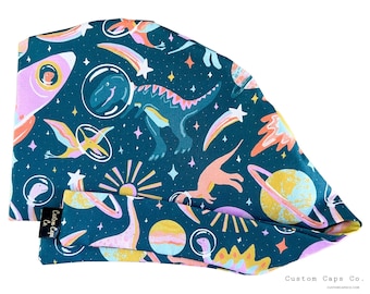 Space Dinosaurs Surgical Scrub Cap, Women's Adorable Novelty Pixie Scrub Hat | Custom Caps Co.