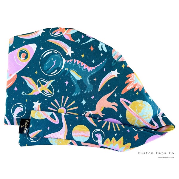 Space Dinosaurs Surgical Scrub Cap, Women's Adorable Novelty Pixie Scrub Hat | Custom Caps Co.