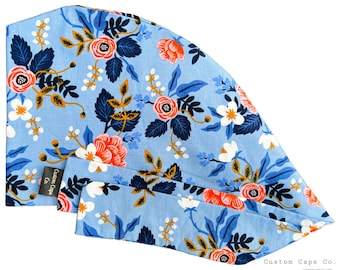 Coral Floral Scrub Hat: Women&#39;s Cotton Periwinkle Pixie Cap