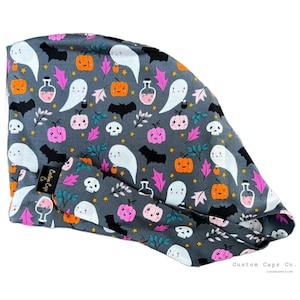 Spook-o-Clock on Grey Surgical Scrub Hat, Women&#39;s Halloween Pixie Scrub Cap | Custom Caps Co.