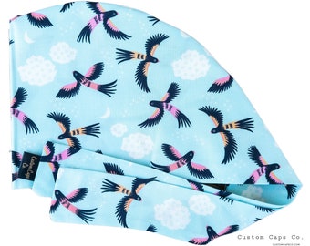 Vuelo en sombrero quirúrgico azul cielo, gorra de exfoliación Bird Pixie de algodón 100% orgánico para mujer / Custom Caps Co.