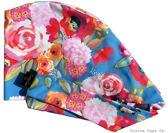 Floral Cotton Scrub Cap: Women's Surgical Hat, Bushy Blooms