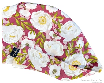 Sombrero de exfoliación quirúrgica Bordeaux Peonies, hermosa gorra de exfoliación floral Pixie para mujer / Custom Caps Co.
