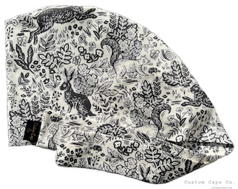 Vintage Hares in Black & Cream Scrub Cap: Women's Cotton Surgical Hat