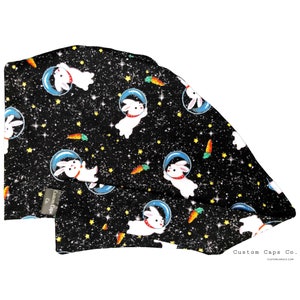 Space Bunnies on Black Surgical Scrub Hat, Women's Animal Pixie Scrub Cap | Custom Caps Co.