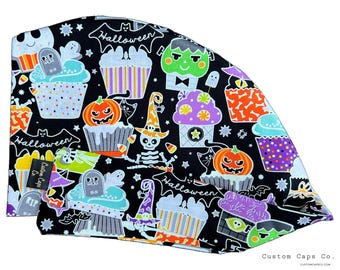 Gorro quirúrgico de algodón con cupcakes de Halloween que brillan en la oscuridad para mujer