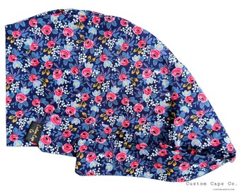 Petite Roses on Navy Surgical Scrub Hat, Women's Elegant Vintage Floral Scrub Hat, Custom Caps Company