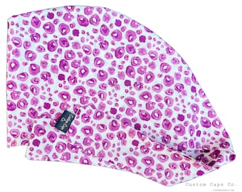 Leopard Print in Watercolour Fuchsia Surgical Scrub Hat, Women's Adorable Animal Pixie Scrub Cap | Custom Caps Co.