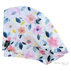 Large Watercolor Flowers on Blue Surgical Scrub Hat, Women's Floral Pixie Scrub Cap, Custom Caps Co.