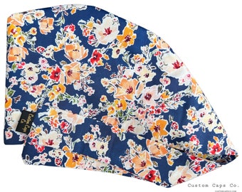 Floral Surgical Scrub Hat, Tangerine Flowers on Blue, Cotton Pixie Cap