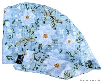 Gorro quirúrgico navideño con estampado floral, dorado metalizado, estilo pixie para mujer