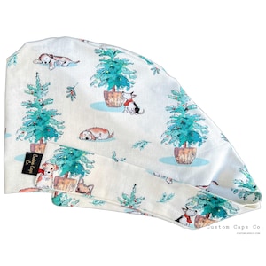 Puppy Christmas on Pale Yellow, Surgical Scrub Hat, Women&#39;s Christmas Pixie Scrub Cap, Custom Caps Co.