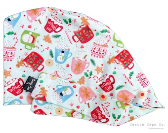 Gorro quirúrgico navideño de algodón con estampado de hadas y chocolate caliente sobre menta para mujer