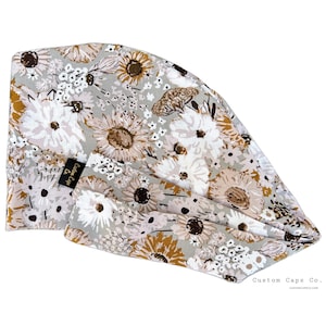Florals on Taupe Surgical Scrub Hat, Women&#39;s Beautiful Vintage Flower Pixie Scrub Hat | Custom Caps Co.