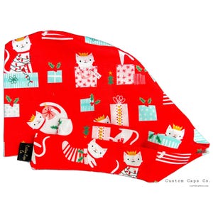 Kitten Presents, Surgical Scrub Hat, Women&#39;s Christmas Pixie Scrub Cap, Custom Caps Co.