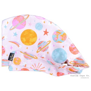 Retro Planets on Pink Surgical Scrub Hat, Women's Beautiful Space Pixie Scrub Cap | Custom Caps Co.