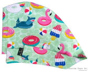 Pool Floats Cotton Surgical Scrub Hat: Novelty Women's Pixie Cap