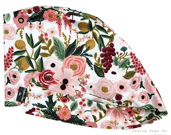Vintage Roses in Wine Surgical Scrub Hat: Cotton Pixie Cap