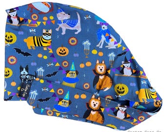 Bonnet de bloc opératoire en coton pour femme, motif lutin d'Halloween, avec chiots effrayants sur fond bleu