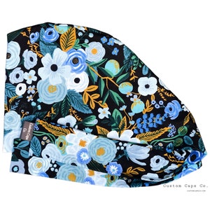 Vintage Roses on Midnight Surgical Scrub Hat, Women's Floral Pixie Scrub Cap, Custom Caps Co.