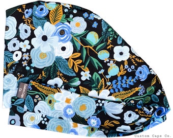 Floral Scrub Hat: Vintage Roses on Midnight Cotton Pixie Cap