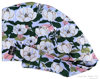 Camellia Flower Scrub Cap: Periwinkle Organic Cotton Pixie Hat