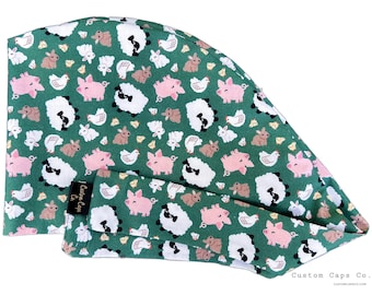 Farm Animal Print Scrub Cap: Women's Cotton Pixie Hat