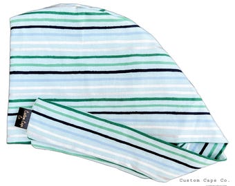 Winter Stripes Surgical Scrub Hat, Women's Christmas Pixie Scrub Cap | Custom Caps Co.