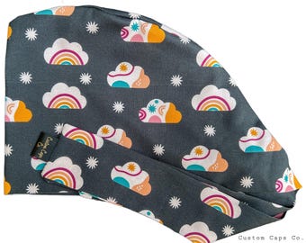 Modern Clouds on Charcoal Blue Surgical Scrub Hat, Women's Cute Pixie Scrub Cap | Custom Caps Co.