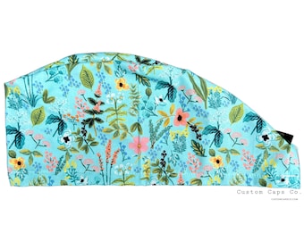 Sombrero de exfoliación quirúrgica Herb Garden on Aqua, sombrero de exfoliación Bouffant modificado con flores para mujer / Custom Caps Co.