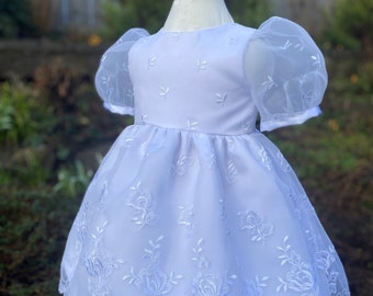Flower girl dress for 1 year old, 12-18 month girl special occasion dress, baby girls white christening baptism ready made traditional wear