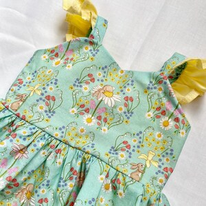 Organic cotton baby romper, spring bunnies and daffodils, babies first Easter, Gift for new baby girl, toddlers skirted rompers, floral baby image 4