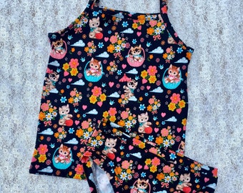 Ensemble de sous-vêtements deux pièces en jersey de coton biologique pour petite fille, idées cadeaux pour amoureux des chats, chatons en gilet et culotte, sous-vêtements biologiques