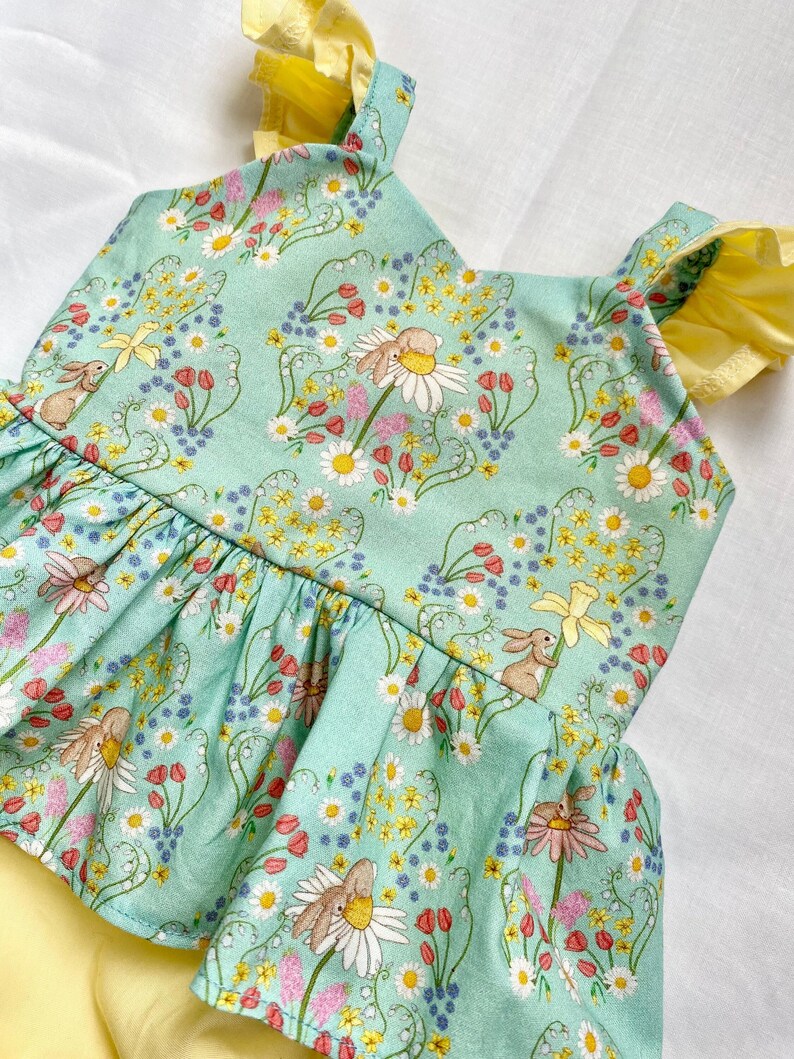 Organic cotton baby romper, spring bunnies and daffodils, babies first Easter, Gift for new baby girl, toddlers skirted rompers, floral baby image 4