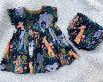 Baby, toddlers zoo theme dress and bloomers outfit gift set, jungle safari dresses, birthday party, tiger giraffe, wild one, first birthday