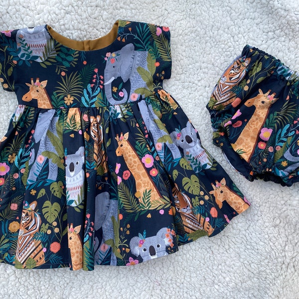 Baby, toddlers zoo theme dress and bloomers outfit gift set, jungle safari dresses, birthday party, tiger giraffe, wild one, first birthday