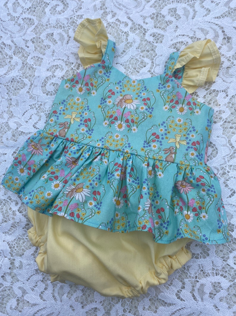 Organic cotton baby romper, spring bunnies and daffodils, babies first Easter, Gift for new baby girl, toddlers skirted rompers, floral baby image 9