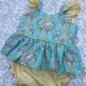 Organic cotton baby romper, spring bunnies and daffodils, babies first Easter, Gift for new baby girl, toddlers skirted rompers, floral baby image 2