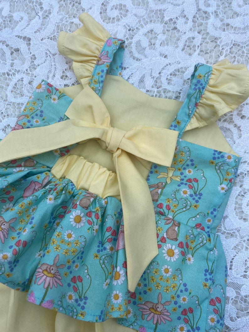 Organic cotton baby romper, spring bunnies and daffodils, babies first Easter, Gift for new baby girl, toddlers skirted rompers, floral baby image 8