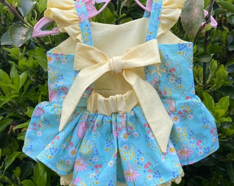 Organic cotton baby romper, spring bunnies and daffodils, babies first Easter, Gift for new baby girl, toddlers skirted rompers, floral baby