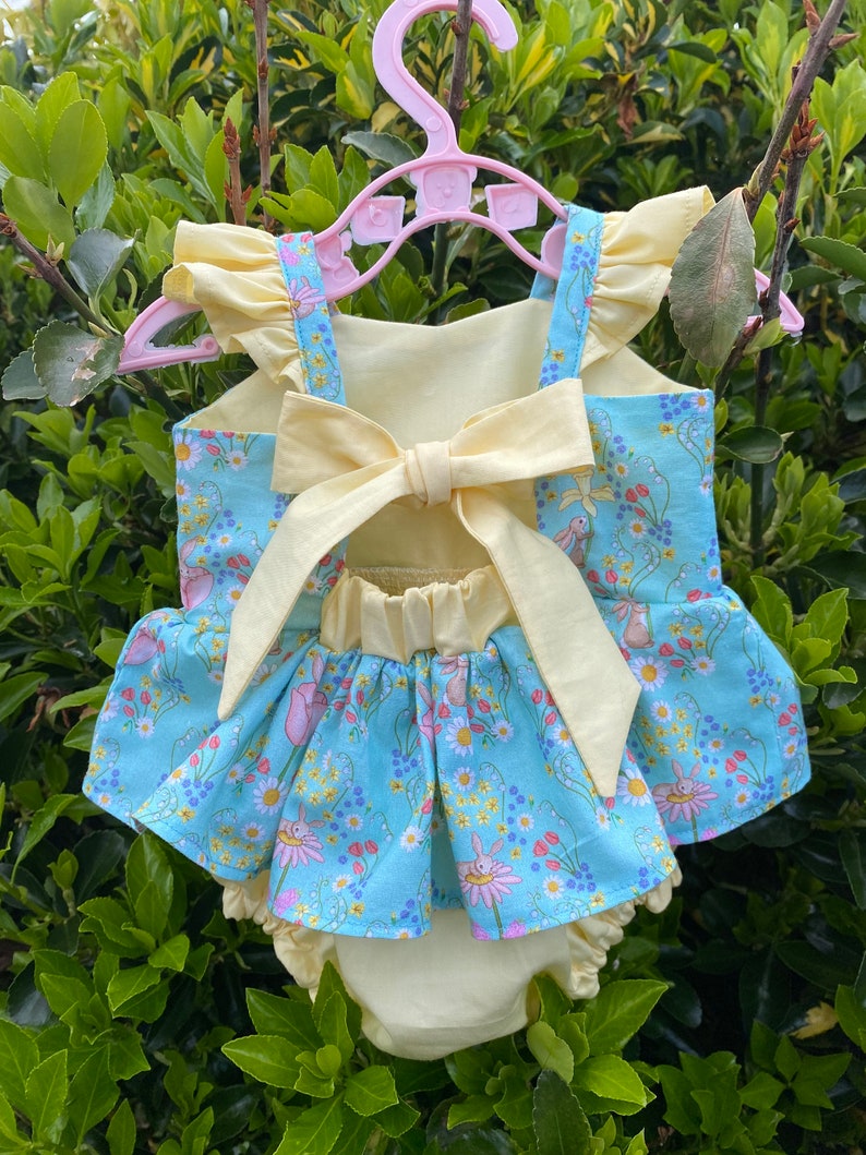 Organic cotton baby romper, spring bunnies and daffodils, babies first Easter, Gift for new baby girl, toddlers skirted rompers, floral baby image 1